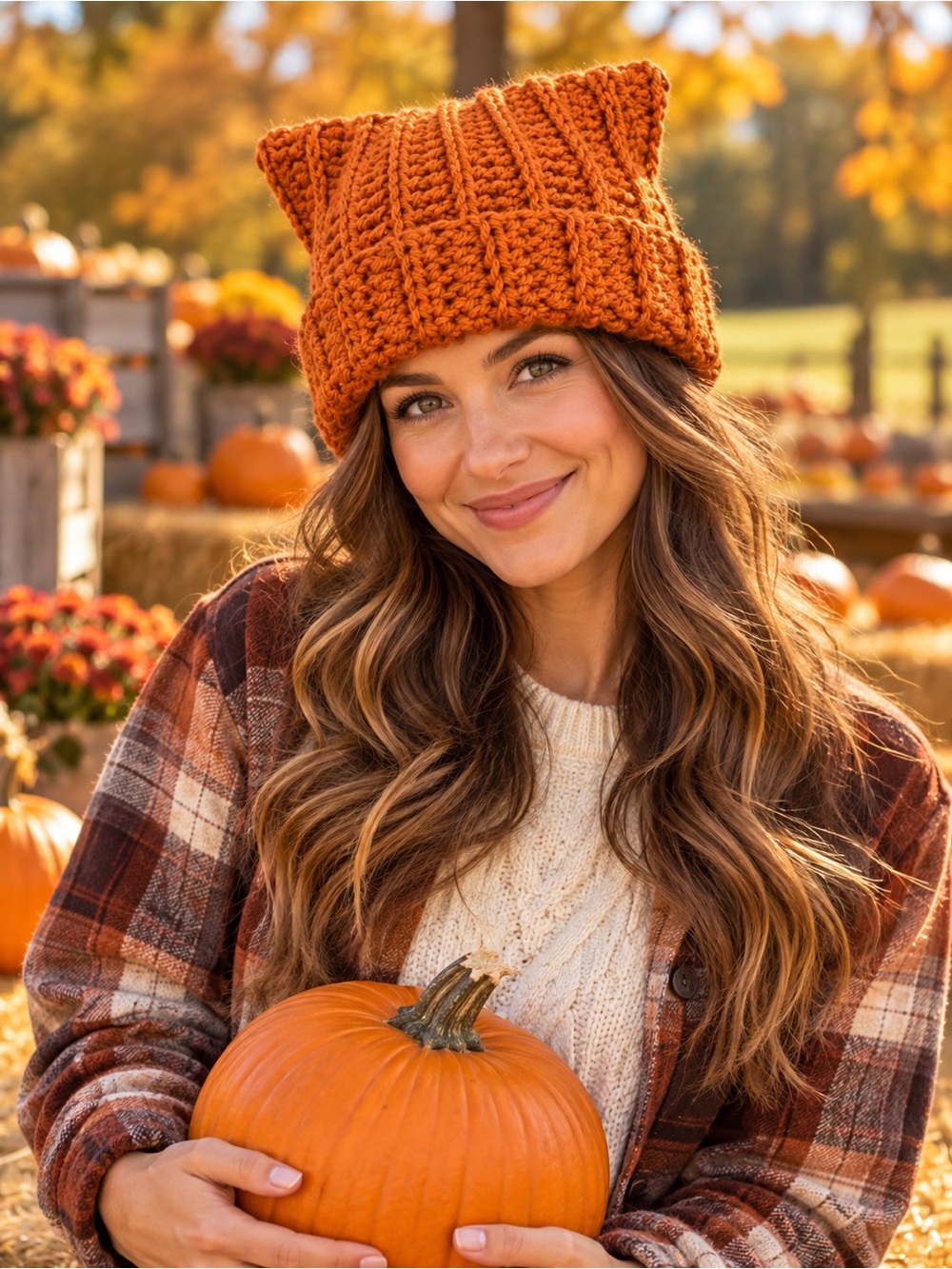 Handmade Burnt Orange Crochet Cat Ear Beanie | Cozy Fall Hat